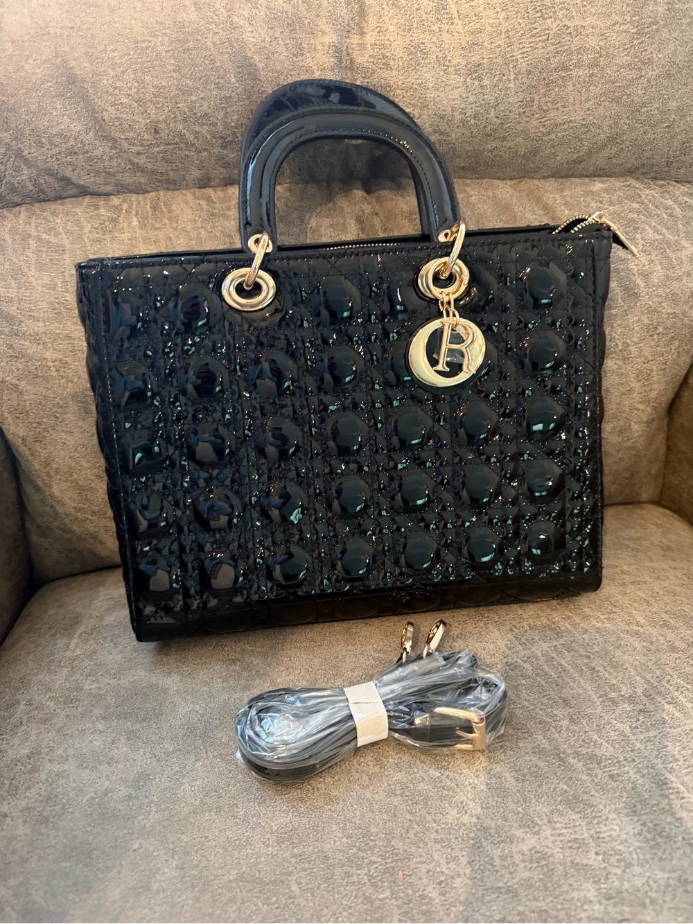 Black Patent Quilted Tote Bag with Gold Charm